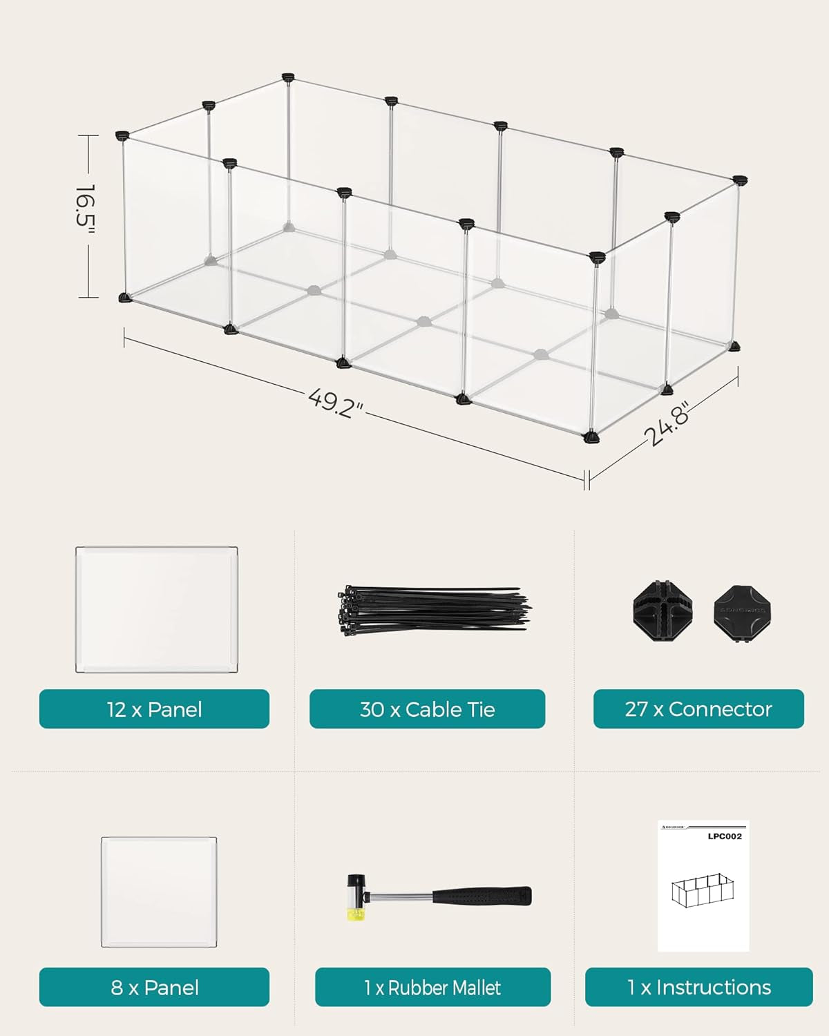 20 Panels Pet Playpen with Floor, Small Animal Playpen, Pet Fence Indoor, DIY Plastic Enclosure for Guinea Pigs, Bunny, Hamsters, Hedgehogs, 49.2 X 24.8 X 16.5 Inches, White ULPC001W01