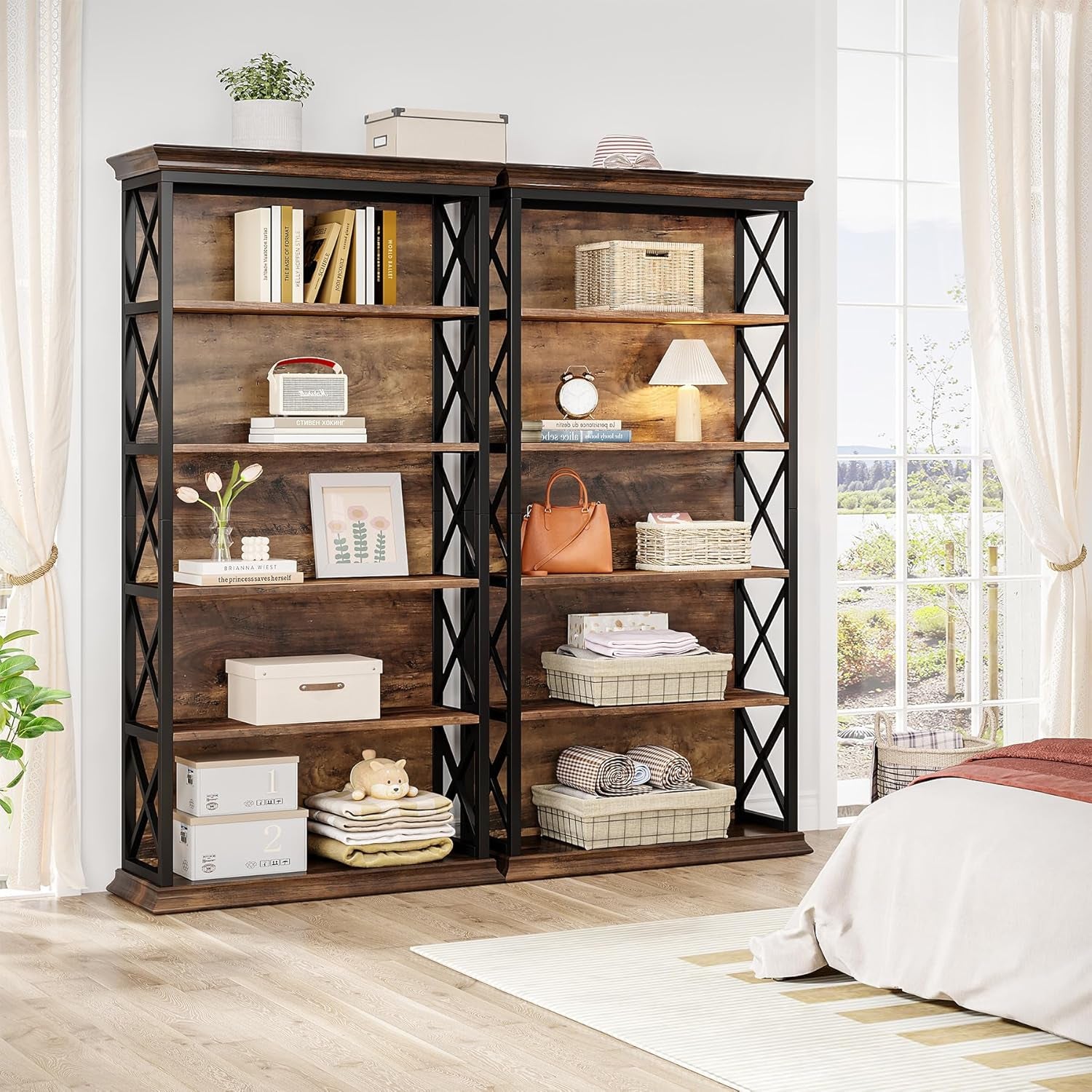 6-Tier Bookcase, 71 Inches Industrial Bookshelves and Bookcases, Floor Standing 5 Shelf Display Storage Shelves Tall Bookcase for Home Office, Living Room, Bed Room, Brown and Black