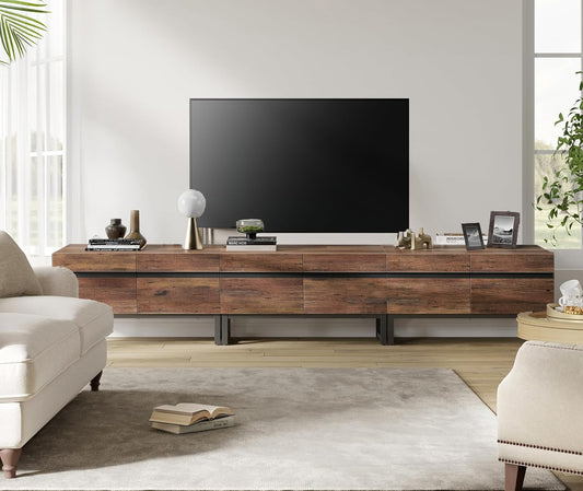 Modern TV Stand with Storage Cabinets for 110 Inch TV, Wood Entertainment Center Media Console Table with Metal Leg for Living Room Bedroom, Brown