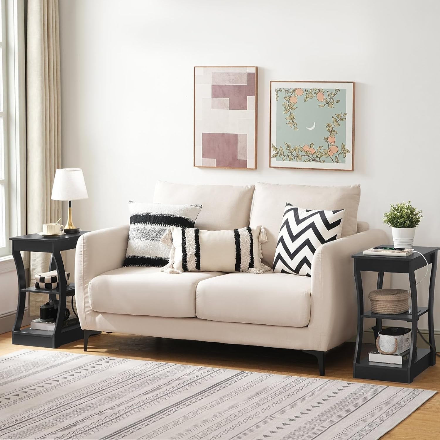 Black End Table with Charging Station, Skinny Side Table with USB Ports and Outlets, Nightstand, 3 Tier Bedside Table with Storage Shelf for Living Room, Bedroom, Small Space ETBK53E01