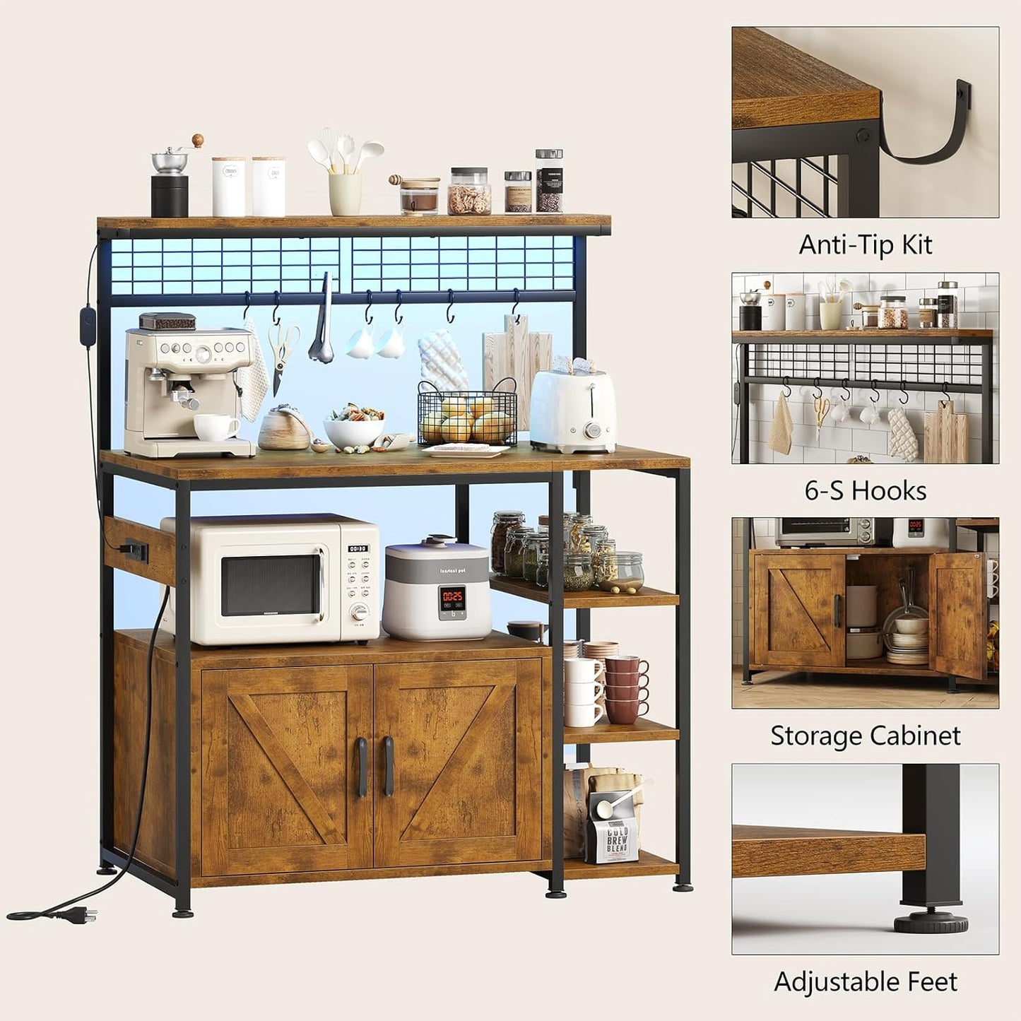 Bakers Rack with Power Outlet and LED Light, Microwave Stand with Storage Cabinet, Coffee Bar Cabinet Station with 6 Hooks for Kitchen, Dining Room, Living Room, Coffee Bar, Rustic Brown, Black