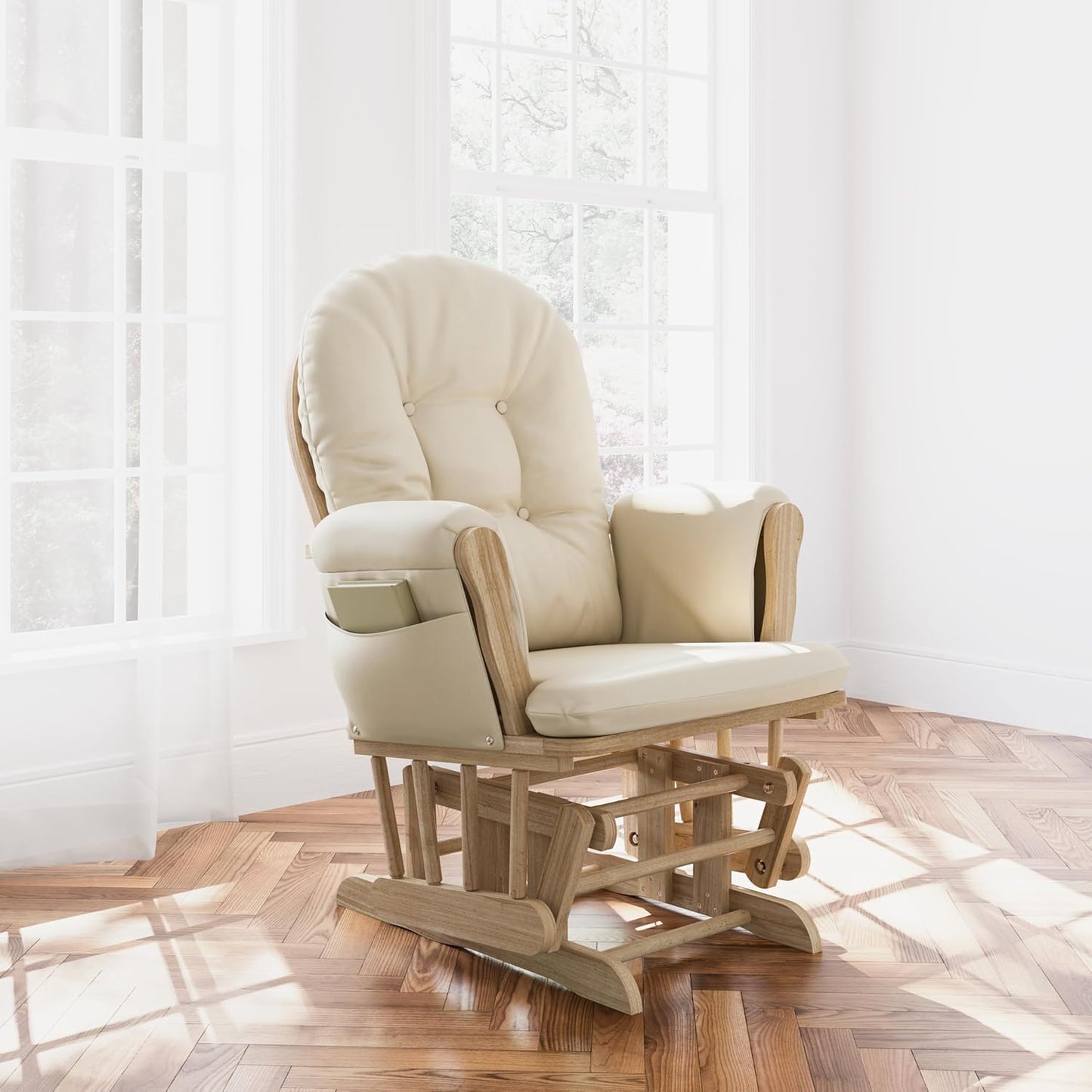 Premium Hoop Glider & Ottoman (Natural/Beige) — GREENGUARD Gold Certified Nursery Glider, Solid Wood Craftsmanship, Smooth-Gliding Nursery Chair and Ottoman, Award-Winning