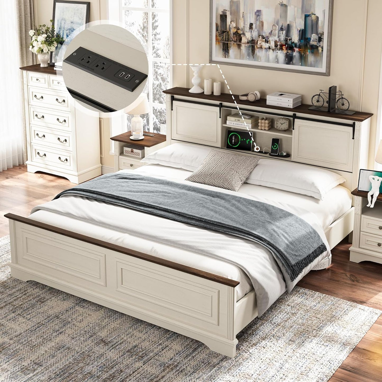 Farmhouse King Size Bed Frame with Storage Headboard, Charging Station, Bracket Footboard, Antique White Bed Frame with Bookcase and Sliding Barn Doors, Noiseless