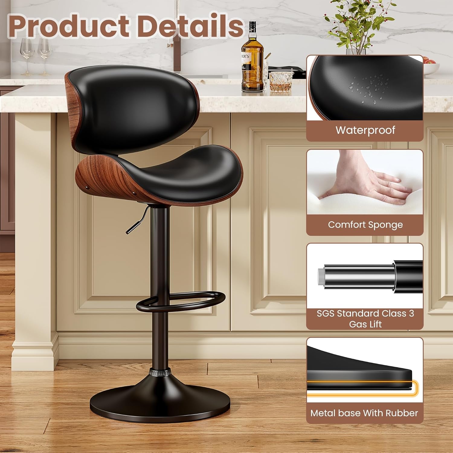 Swivel Bar Stools Set of 2 for Kitchen Counter, Adjustable Bentwood Barstools, Modern PU Leather Upholstered Bar Chair with Back and Footrest, for Bar, Kitchen, Dining Room, Black