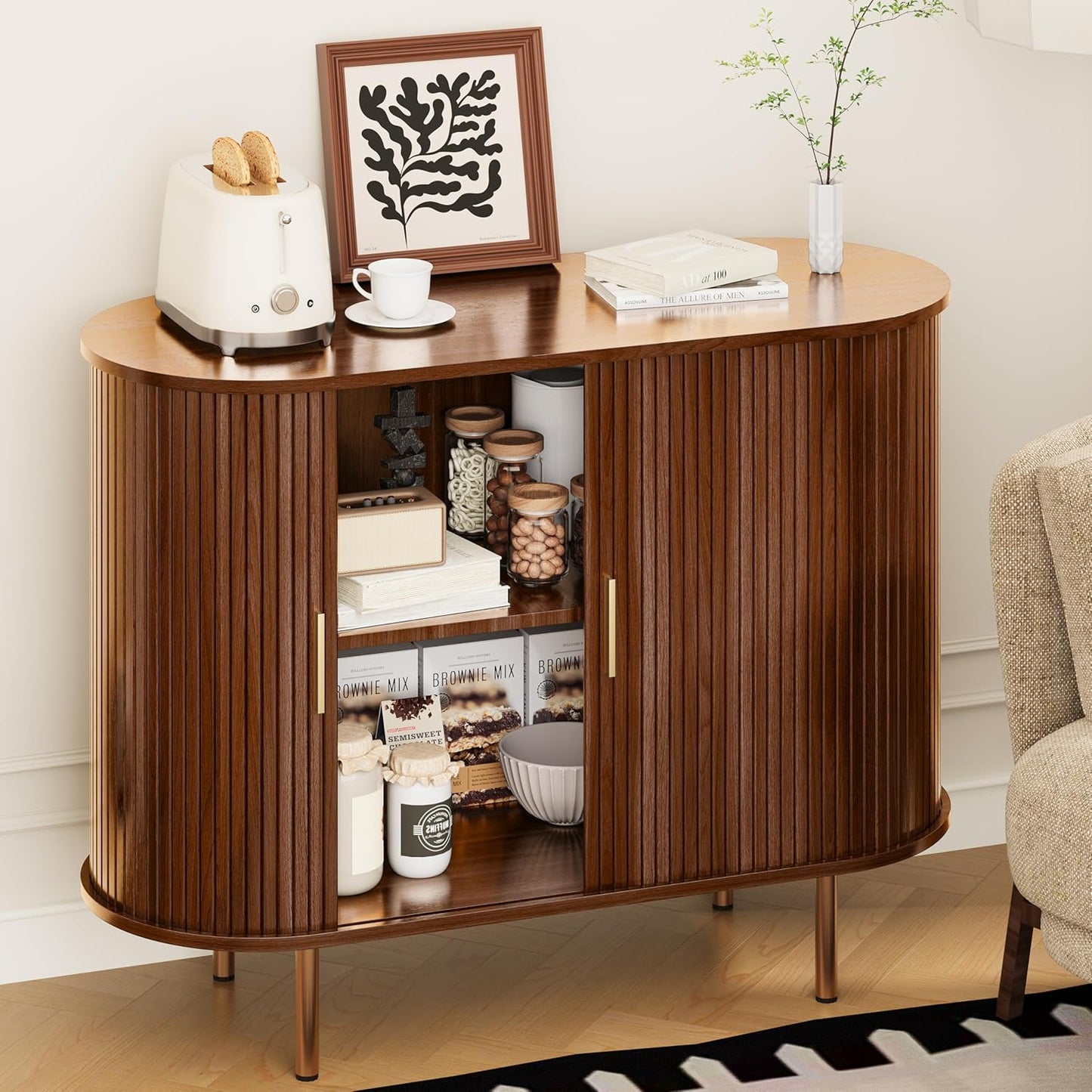 Sideboard Buffet Cabinet with Storage,Mid Century Modern Fluted Accent Coffee Bar Console Table,Tambour Sliding Doors& Adjustable Shelf for Kitchen, Living Room, Entryway(Walnut, 40Inch)