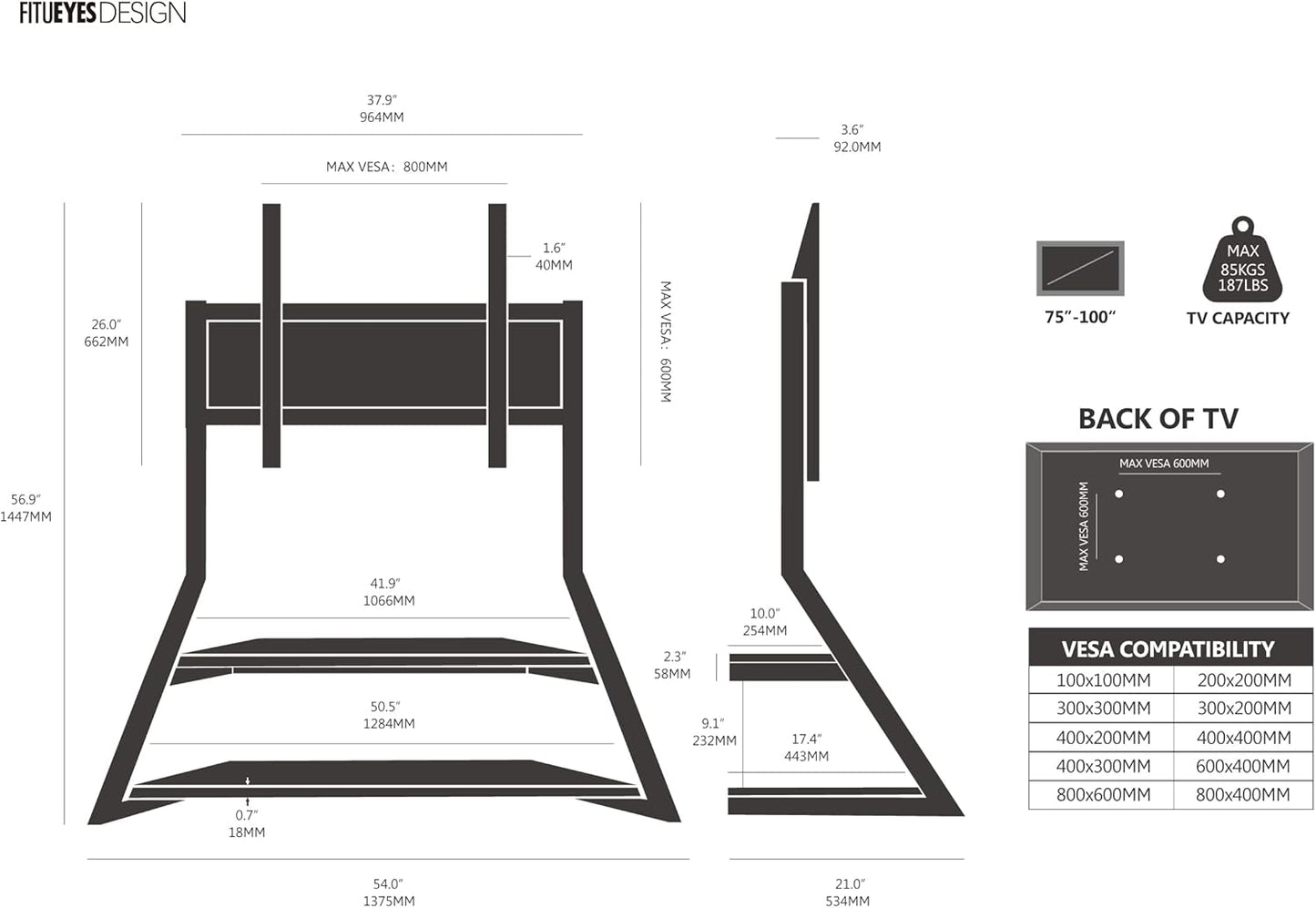 Design Large TV Floor Stand for 75 77 85 86 90 100 Inch Tvs, Heavy Duty TV Stand Mount with Large Wood Entertainment Shelf, Modern Living Room Television Stands, up to 187 Lbs, Eiffel Series