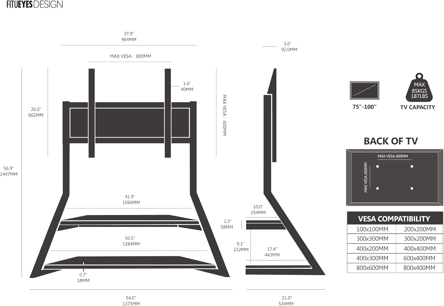 Design Large TV Floor Stand for 75 77 85 86 90 100 Inch Tvs, Heavy Duty TV Stand Mount with Large Wood Entertainment Shelf, Modern Living Room Television Stands, up to 187 Lbs, Eiffel Series