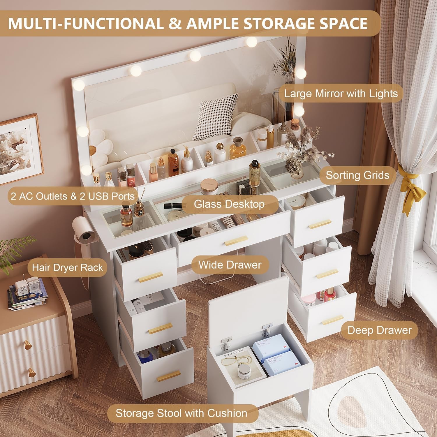 Vanity Desk with 38" Large Mirror and 9 LED Lights & Glass Top and Power Outlet, Adults Makeup Vanity with Chair and 7 Storage Drawers, Dressing Table Set for Bedroom, Modern White