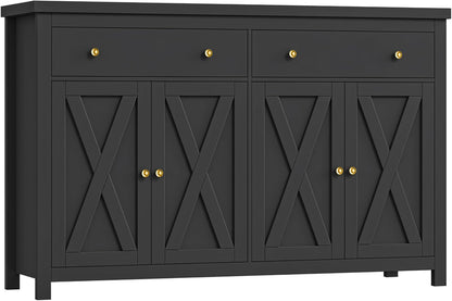 Sideboard Buffet Cabinet with Storage, 55" Large Kitchen Storage Cabinet with 2 Drawers and 4 Doors, Wood Coffee Bar Buffet Table for Kitchen Dining Room, Black