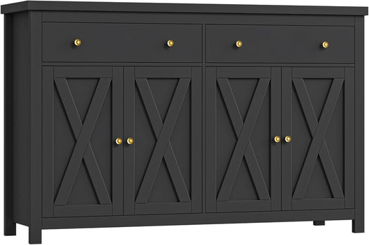 Sideboard Buffet Cabinet with Storage, 55" Large Kitchen Storage Cabinet with 2 Drawers and 4 Doors, Wood Coffee Bar Buffet Table for Kitchen Dining Room, Black