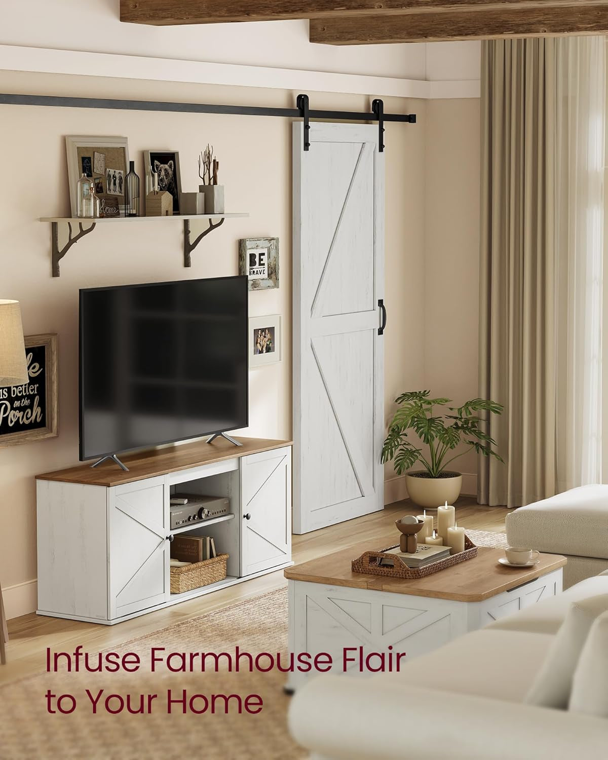 Farmhouse TV Stand for Tvs up to 80 Inches, Entertainment Center with Storage Cabinets and Sliding Barn Doors, Media Console Table for Living Room, Rustic White and Honey Brown ULTV537W01