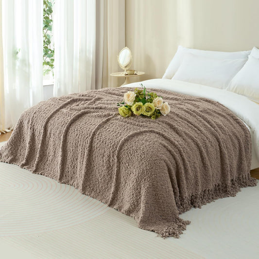 Throw Blanket for Couch, Taupe Tan Luxury Knitted Throws 50"X60", Textured Blankets with Handmade Fringe Tassels for Bed Sofa Decorative, Chunky Soft Farmhouse Boho Home Decor