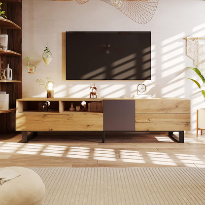 Modern TV Stand with 3 Cabinets & Open Shelves, Minimalist Wooden Entertainment Center for Tvs up to 80”, Sturdy TV Console for Living Room Bedroom Decor