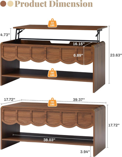 Lift Top Coffee Table with Hidden Compartment, 2 Tier Wooden Center Table with Wave Panel, Modern Lift Tabletop for Home Living Room Office, Walnut