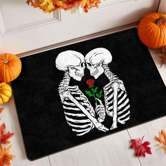 Halloween Doormat Skeleton in Love Welcome Rug Durable Doormat Non Slip Rubber Entry Door Mat Welcome Matt Warm House Gift, 18" X 30"Inch