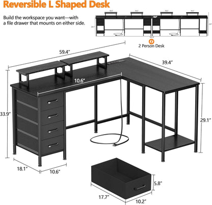 59 Inch L Shaped Computer Desk with Power Outlets, Home Office Desk with 4 Adjustable Storage Drawers & 2 Monitor Stands, Two Person Gaming Table for Bedroom, Black