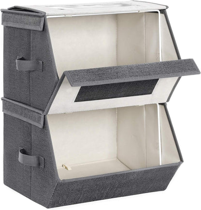 Stackable Storage Bins Set of 2, Storage Boxes with Lids and Front Windows, Non-Woven Fabric Closet Organizers with Magnetic Closures, Side Handles, Dark Gray URPLB02G