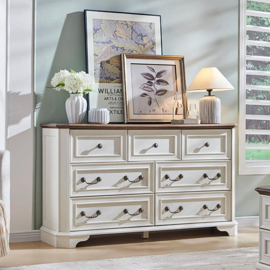 Farmhouse 7 Drawers Dresser for Bedroom, 54" Wide Wood Rustic Chest of Drawers with Natural Texture, Vintage Design, Storage Dressers Organizer for Bedroom, Living Room, Hallway, Antique White