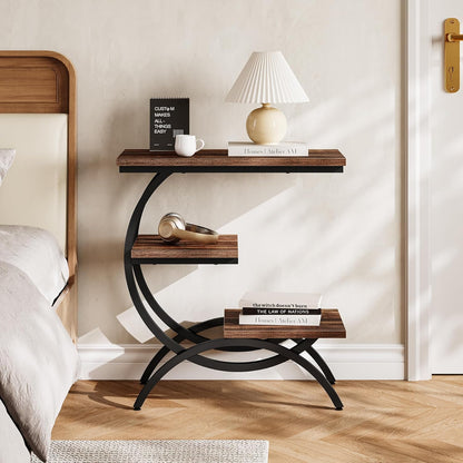End Table, Narrow End Table with 3 Storage Shelves, Industrial C-Shaped Small Sofa Side Table for Living Room, Wood Slim Snack Table with Black Metal Frame, Rustic Brown