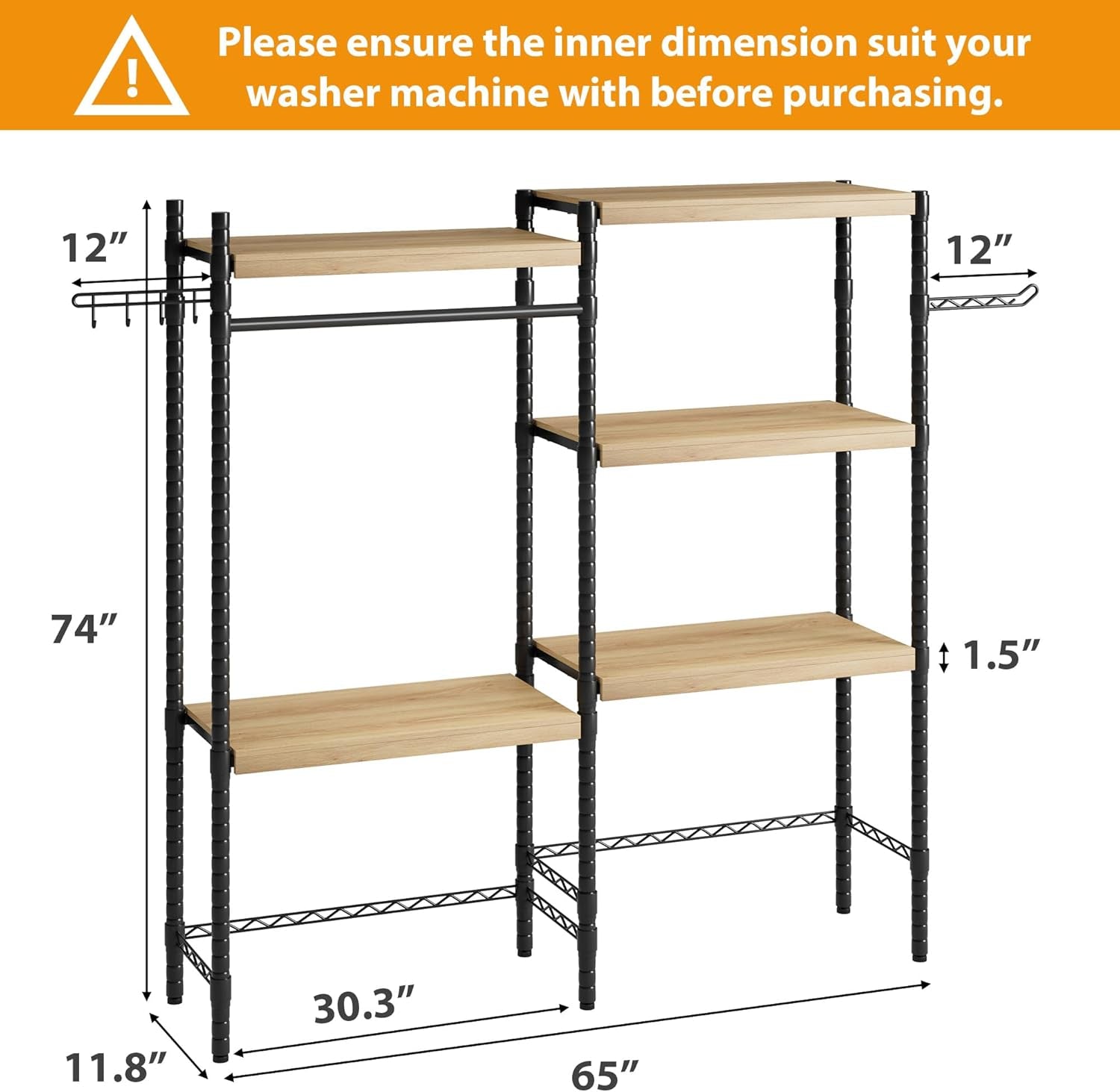 30" 5-Tier Over-The-Washer Shelf – Adjustable Height Laundry Organizer with Double-Layer Wood Shelves (100LB Capacity), Space-Saving Storage for Bathroom, Laundry Room, Balcony (Natural, Black)