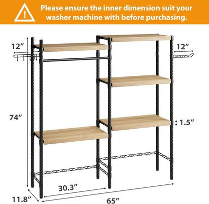28" Over-The-Toilet/Washer Shelf – 5-Tier Laundry Organizer with Double-Layer Wood Shelves (100LB Capacity), Adjustable Height Storage for Small Spaces (White)