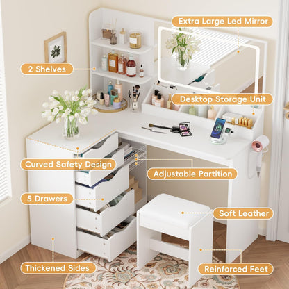 Vanity Desk with Lights and Mirror, L Shaped Makeup Table, Dresser with Hairdryer Holder and Power Outlet, Adjustable 3 Lighting Modes, 5 Drawers and Adjustabled Open Storage Shelves, White
