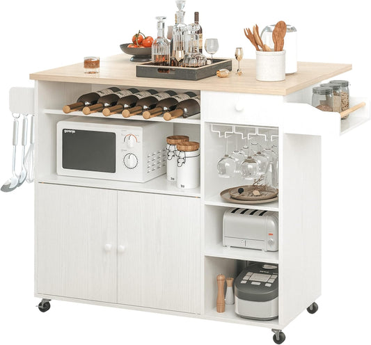 Rolling Kitchen Island Cart with Drop-Leaf and Wine Rack, Microwave Rack Serving Cart on Wheels with Drawer & Shelves & Spice Rack & Cup Hanging, White