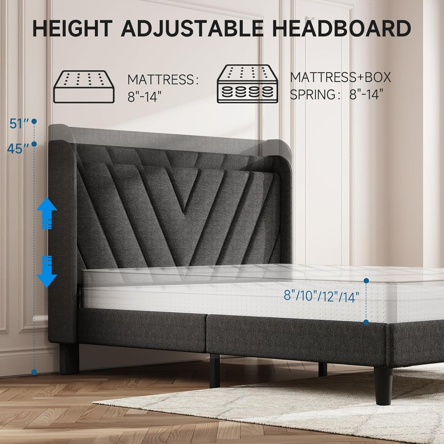 Queen Bed Frame with Headboard, Adjustable Upholstered Platform Bed Frame with Type-C&Usb Ports, Wingback Storage Headboard, Solid Wood Slats Support, No Box Spring Needed, Dark Gray