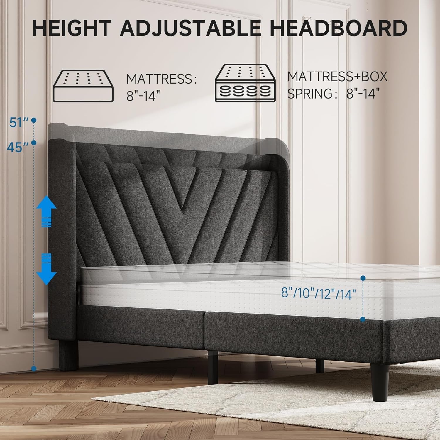 Queen Bed Frame with Headboard, Adjustable Upholstered Platform Bed Frame with Type-C&Usb Ports, Wingback Storage Headboard, Solid Wood Slats Support, No Box Spring Needed, Dark Gray