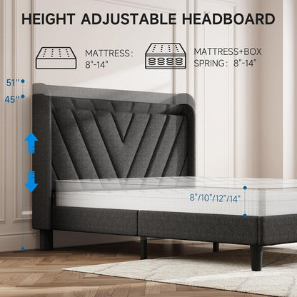 Queen Bed Frame with Headboard, Adjustable Upholstered Platform Bed Frame with Type-C&Usb Ports, Wingback Storage Headboard, Solid Wood Slats Support, No Box Spring Needed, Dark Gray
