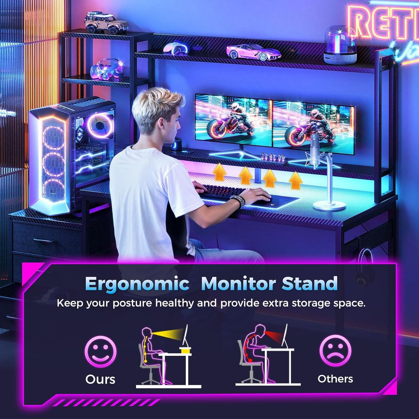 48 Inch Gaming Desk with Hutch & 3 Fabric Drawers, Computer Desk with USB Ports & LED Lights, Reversible Pc Gamer Table with Monitor Stand for Home Office, Carbon Fiber Black