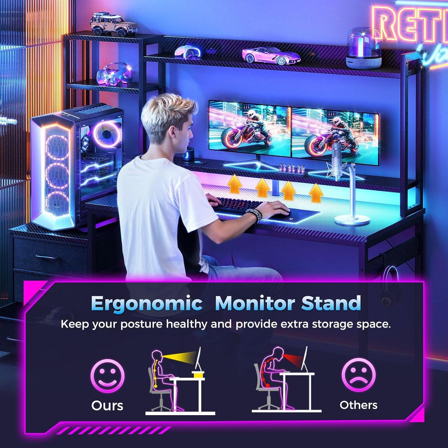 48 Inch Gaming Desk with Hutch & 3 Fabric Drawers, Computer Desk with USB Ports & LED Lights, Reversible Pc Gamer Table with Monitor Stand for Home Office, Carbon Fiber Black