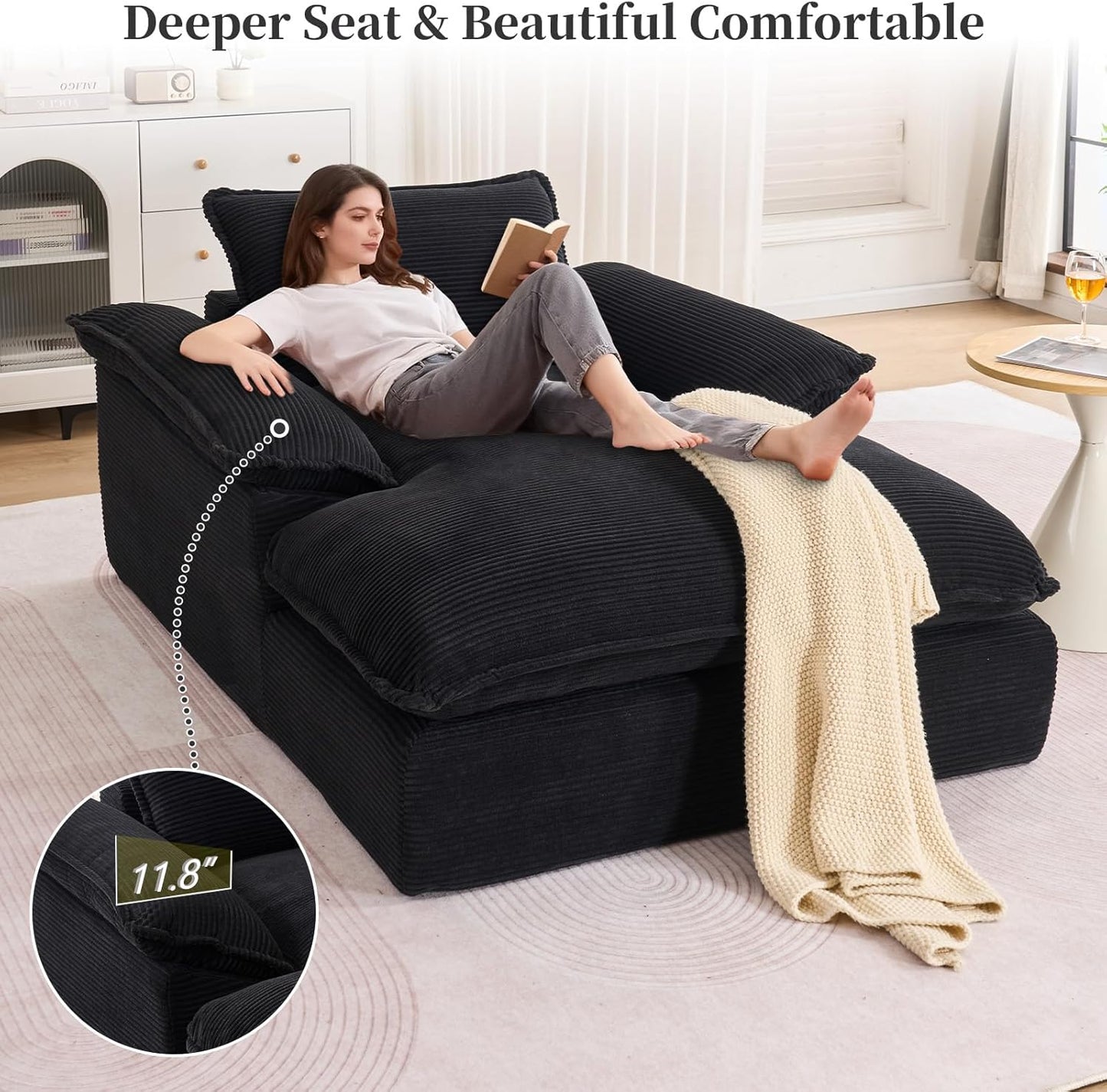 Oversized Chaise Lounge Chair Indoor, 67" Boneless Chaise Lounge with Extra Deep Seat, Comfy Corduroy Upholstered Sleeper Sofa Bed, Cozy Fluffy Single Sofa Armchair for Living Room, Black