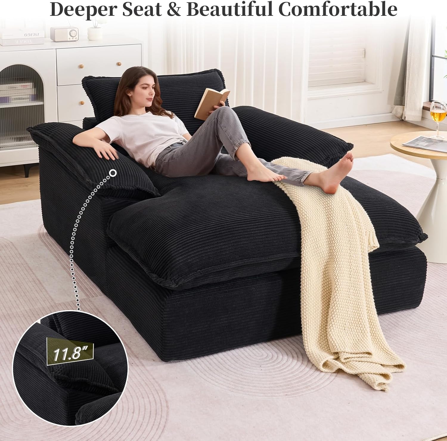 Oversized Chaise Lounge Chair Indoor, 67" Boneless Chaise Lounge with Extra Deep Seat, Comfy Corduroy Upholstered Sleeper Sofa Bed, Cozy Fluffy Single Sofa Armchair for Living Room, Black