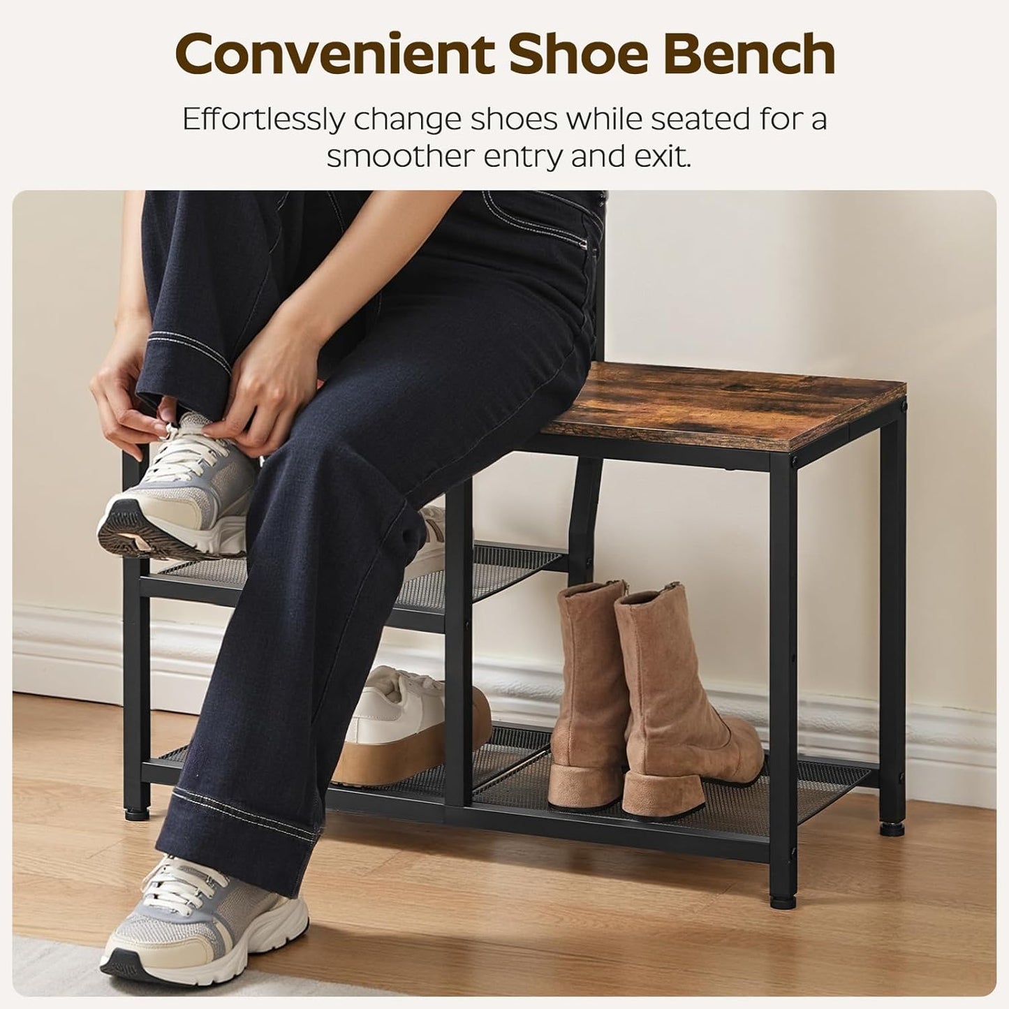 Hall Tree, Coat Rack with Shoe Storage, Entryway Bench with Coat Rack and Shoe Shelf, All-In-One Entryway Storage Organizer, for Foyer, Hallway, Cloakroom, Rustic Brown and Black MT04BRY1