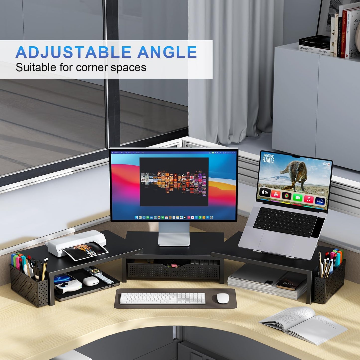 Dual Monitor Stand Riser, Desk Organizer with Drawer and 2 Pen Holders, Computer Monitor Stand, Shelf for Top of Desk, Black
