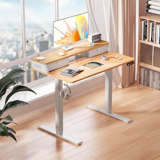 35 X 20 Inch Small Electric Standing Desk with Dual Drawers, Height Adjustable Sit to Stand Computer Desk with Storage Shelf and C-Clamp Mount Compatibility for Home Office, Nature