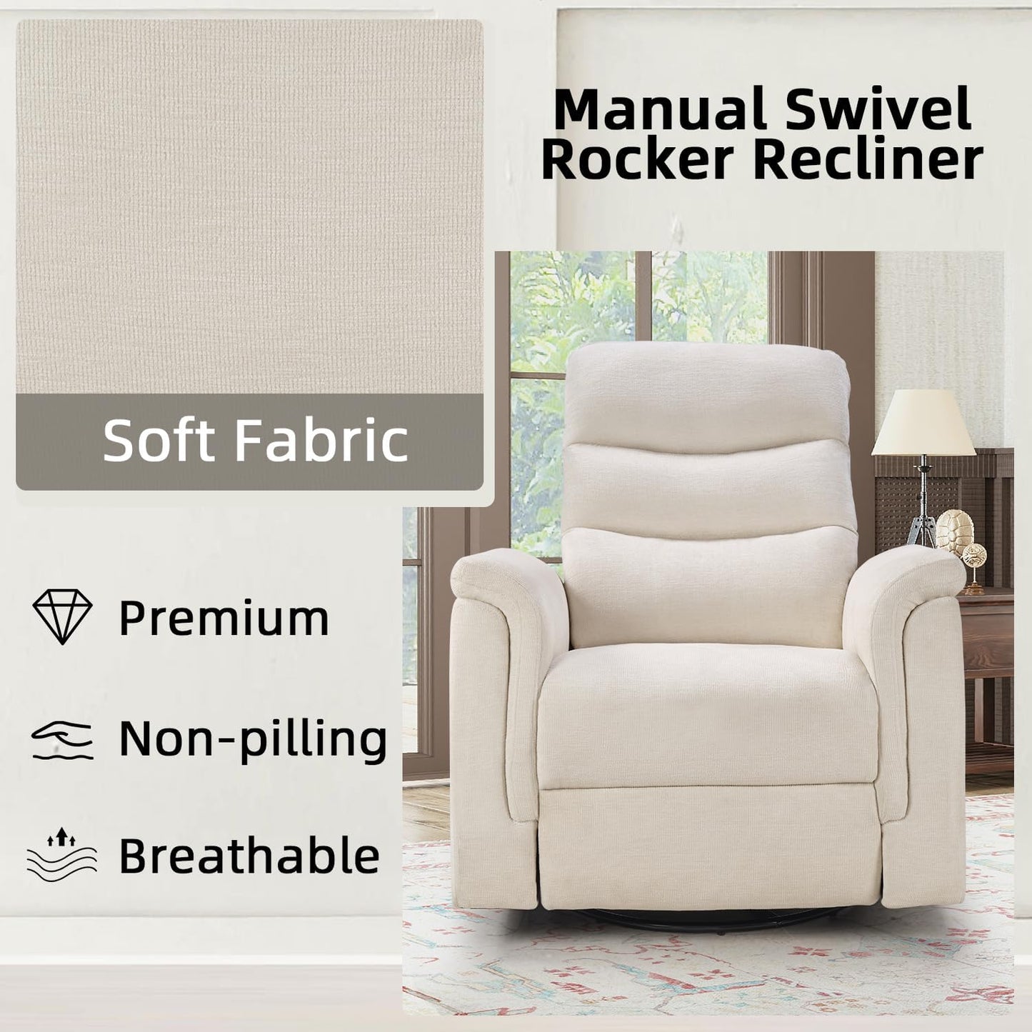 Swivel Rocker Recliner, Nursery Glider Chair, Manual Chairs Swivel Glider Recliners with Soft Backrest, Fabric Manual Reclining Sofa for Living Room Bedroom Apartment, Beige