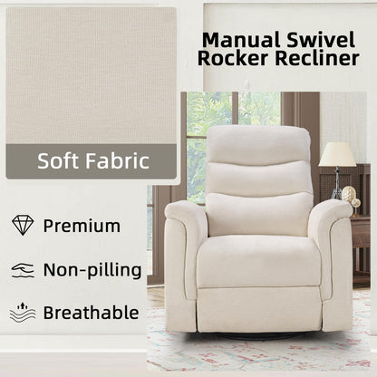Swivel Rocker Recliner, Nursery Glider Chair, Manual Chairs Swivel Glider Recliners with Soft Backrest, Fabric Manual Reclining Sofa for Living Room Bedroom Apartment, Beige