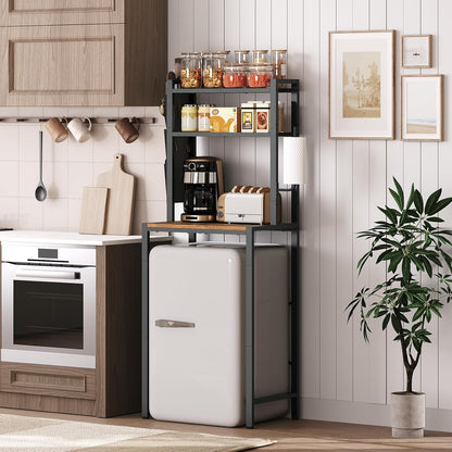 Bakers Rack with Mini Fridge Shelf, 3-Tier Microwave Stand, Coffee Bar Station with Paper Holder, Freestanding Kitchen Storage Rack, for Kitchen, Rustic Brown and Black BRHR5401