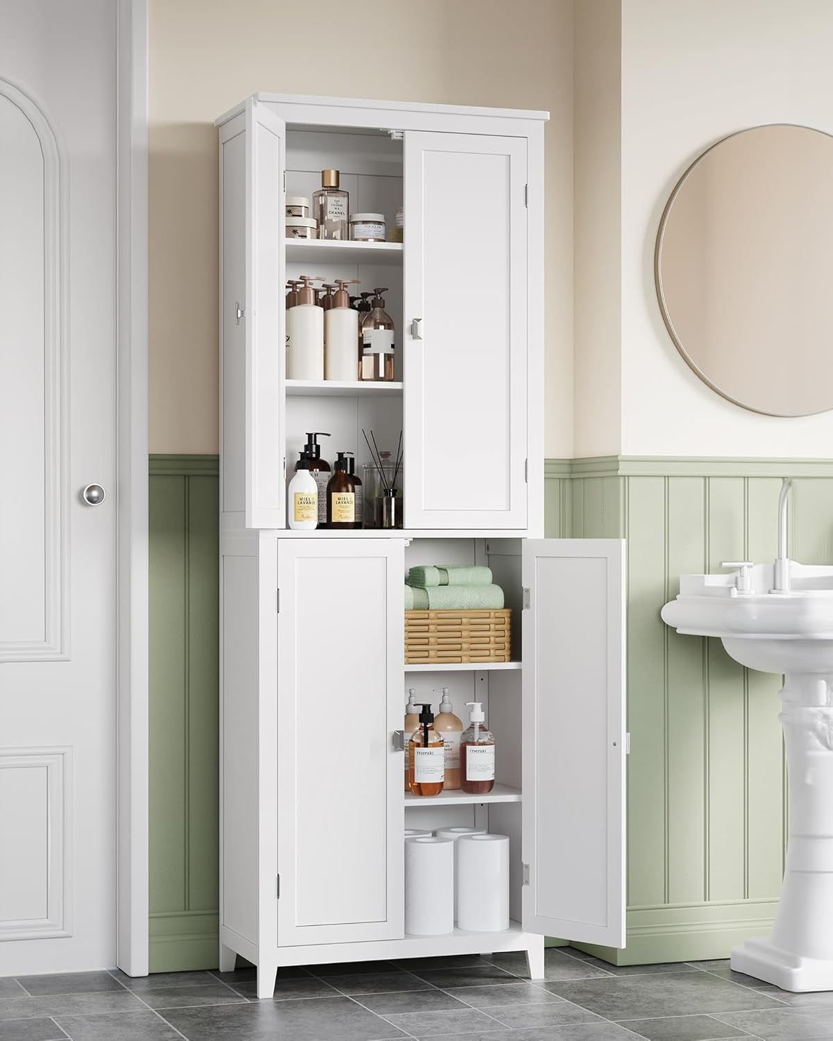 Tall Corner Cabinet, Bathroom Storage Cabinet with 2 Doors and 4 Adjustable Shelves, for Bathroom, Kitchen, Living Room, Modern Farmhouse Design, White UBBC541P31