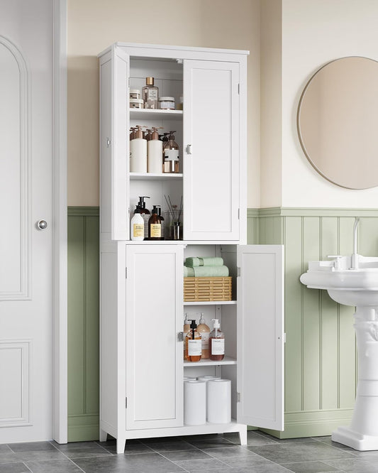 Bathroom Floor Storage Cabinet, Bathroom Storage Unit, Freestanding Cabinet with 4 Doors, Adjustable Shelves, 11.8 X 23.6 X 66.9 Inches, Cloud White UBBC550W01