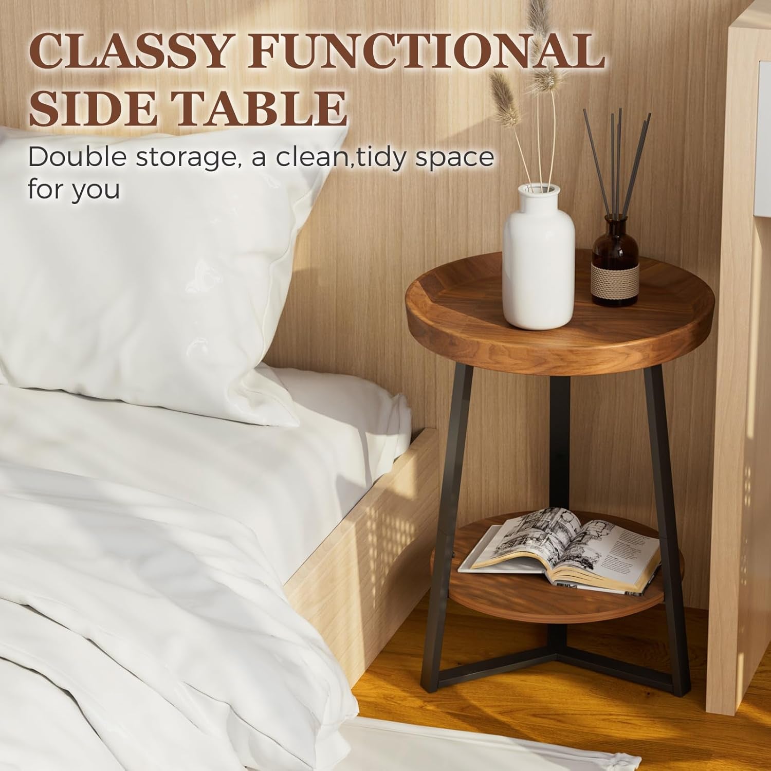 round End Table with Storage Shelf, 2 Tier Farmhouse Side Table Nightstand for Living Room, Bedroom, Wood Tabletop & Black Metal Frame, Brown 15.7 * 15.7 * 23.0Inches