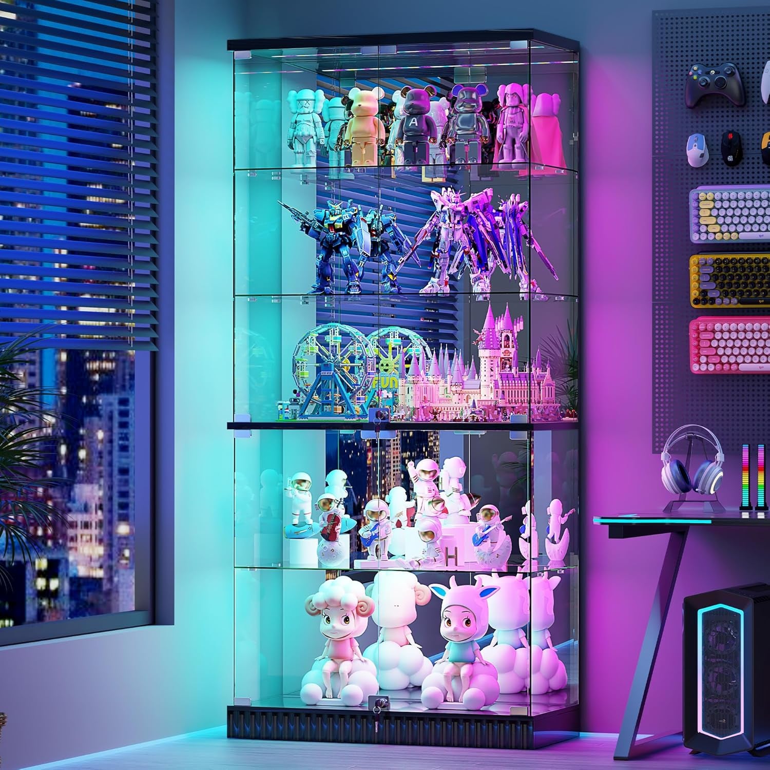 Glass Display Cabinet with RGB Lights - 5-Tiers Curio Cabinet Display Case with Lock, Frameless Tall Showcase Display Shelf for Collectibles & Legos, Living Room Bookcase Storage Cabinet (Black)