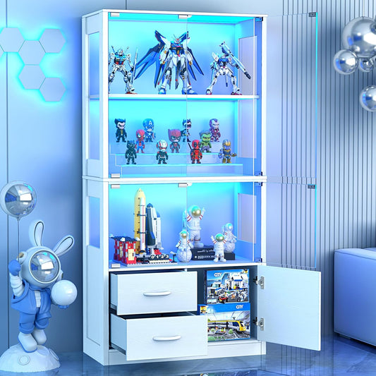 Display Cabinet with Glass Doors, 4-Tier Display Case with 3-Color Lights & Human Body Sensor, Storage Cabinets with 3 Shelves & 2 Drawers for Collectibles/Living/Dining/Game Room, White