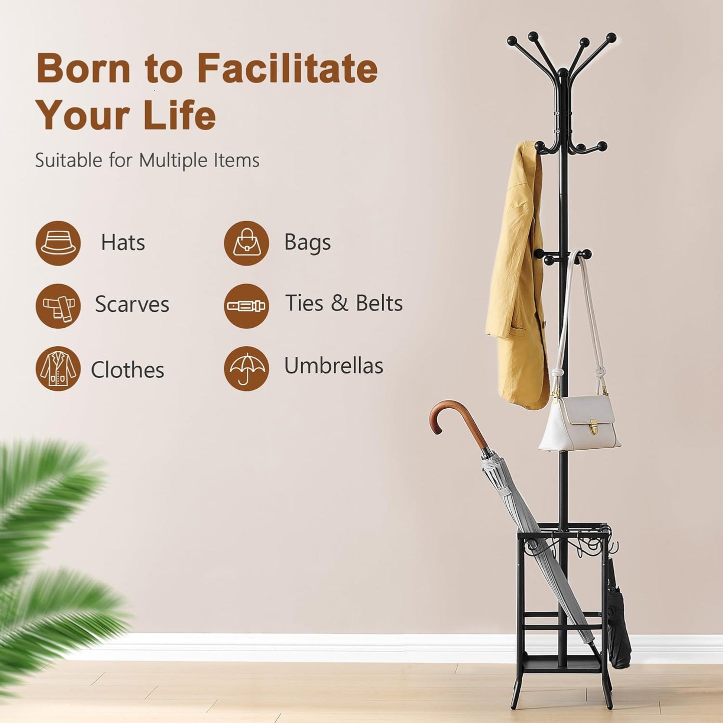 Coat Rack Freestanding, Coat Tree with Umbrella Holder, Metal Coat Rack Stand with 12 Hooks, Standing Coat Hanger Stand, Umbrella Stand for Entryway, Hat Rack Stand for Home Office, Black