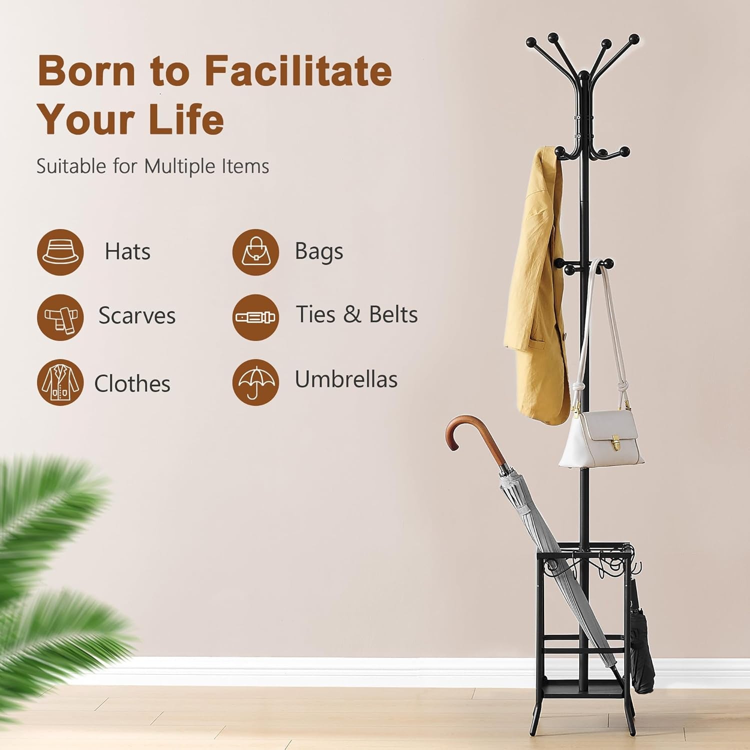 Coat Rack Freestanding, Coat Tree with Umbrella Holder, Metal Coat Rack Stand with 12 Hooks, Standing Coat Hanger Stand, Umbrella Stand for Entryway, Hat Rack Stand for Home Office, Black