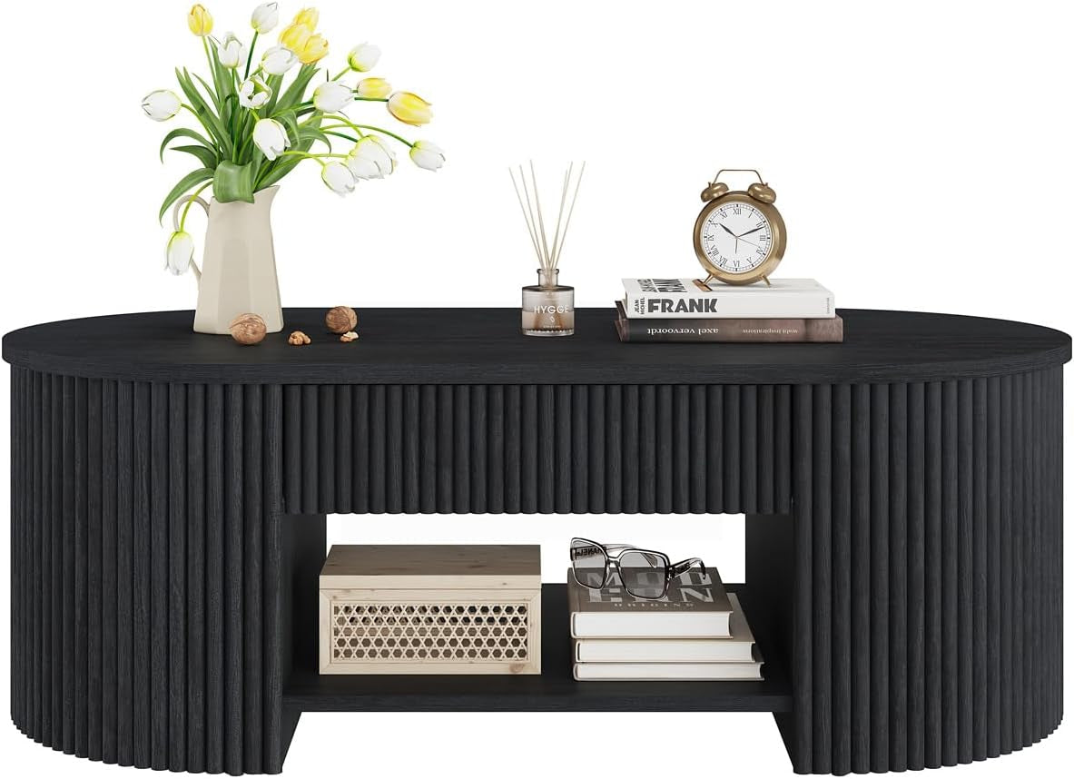 Coffee Table for Living Room Storage, Modern Wood Fluted Center Table with Drawer, Mid-Century Oval Living Room Tables with Shelf (Black, 43.31 Inch)