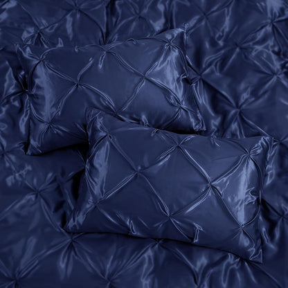 Pintuck Satin Pillowcase King Size Set of 2, Navy Blue Satin Pillow Shams Pinch Pleated Silky Smooth Pillow Covers for Hair, Decorative Pillow Case with Envelope Closure