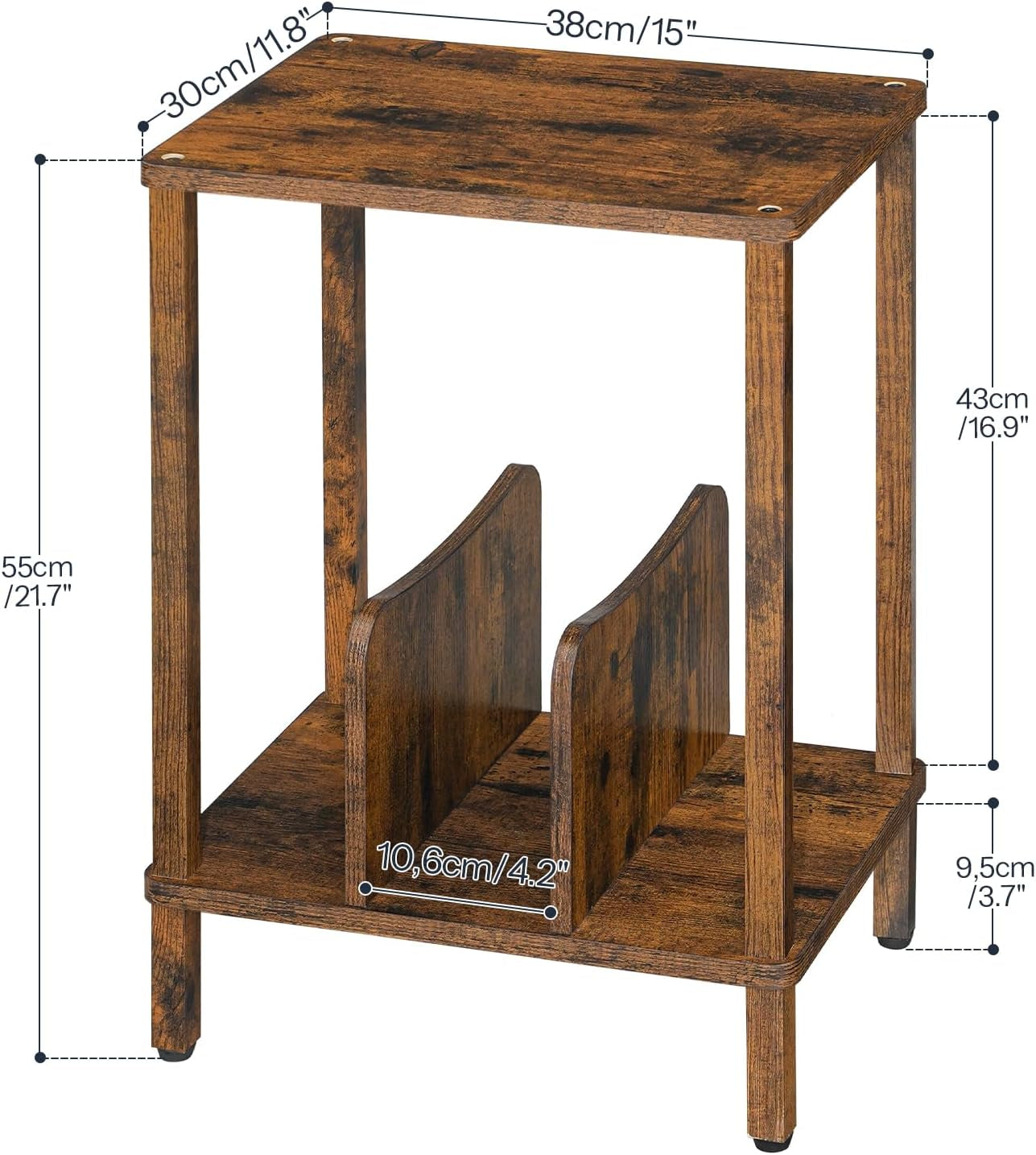 Record Player Stand, 2-Tier End Table, Vinyl Record Turntable Stand with Storage up to 100 Albums, Small Side Table for Living Room, Bedroom, Rustic Brown, FG05RS01
